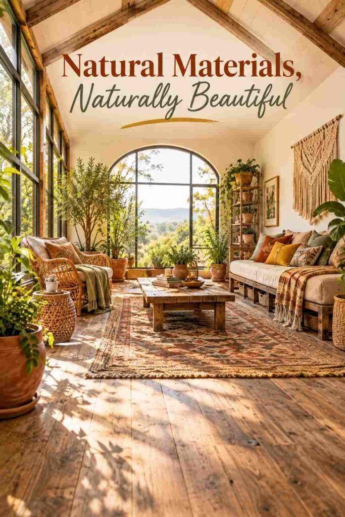 Bohemian Chic Sunroom Ideas to Transform Your Space 2 Sunroom interior showing reclaimed wood flooring and exposed ceiling beams
