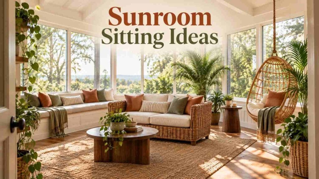 Sunroom Sitting Ideas to Create the Ultimate Year-Round Retreat 6 Bright sunroom with a wicker loveseat, window seat bench, and hanging rattan swing chair surrounded by potted plants.
