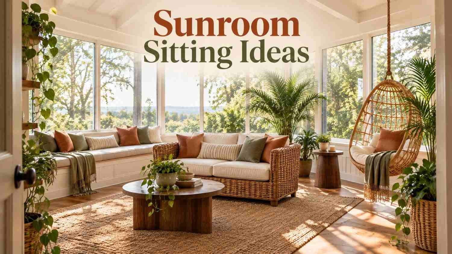 Bright sunroom with a wicker loveseat, window seat bench, and hanging rattan swing chair surrounded by potted plants.