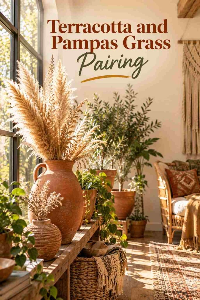 Bohemian Chic Sunroom Ideas to Transform Your Space 5 Terracotta planters with dried pampas grass on a wooden shelf