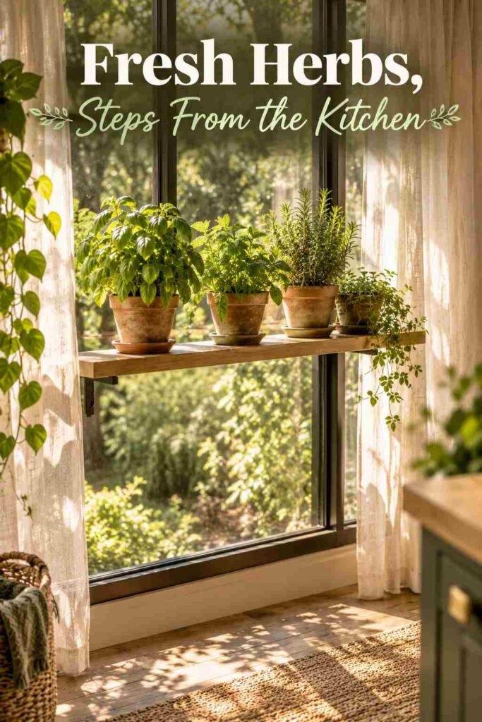 Floating window shelf in a sunroom holding small terracotta pots of basil, mint, and rosemary.