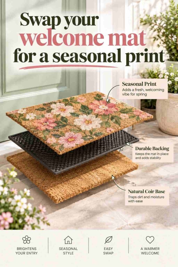 Spring Home Decor Ideas to Refresh Every Room in 2026 3 Exploded view of a floral seasonal welcome mat with layered backing and coir base outside a sage green front door.