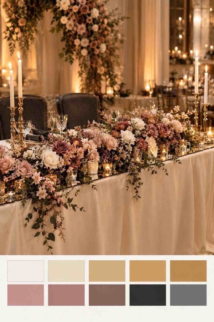 Sweetheart table with mirror runner and rose garland; swatch strip shows warm white, gold, dusty rose, and charcoal.