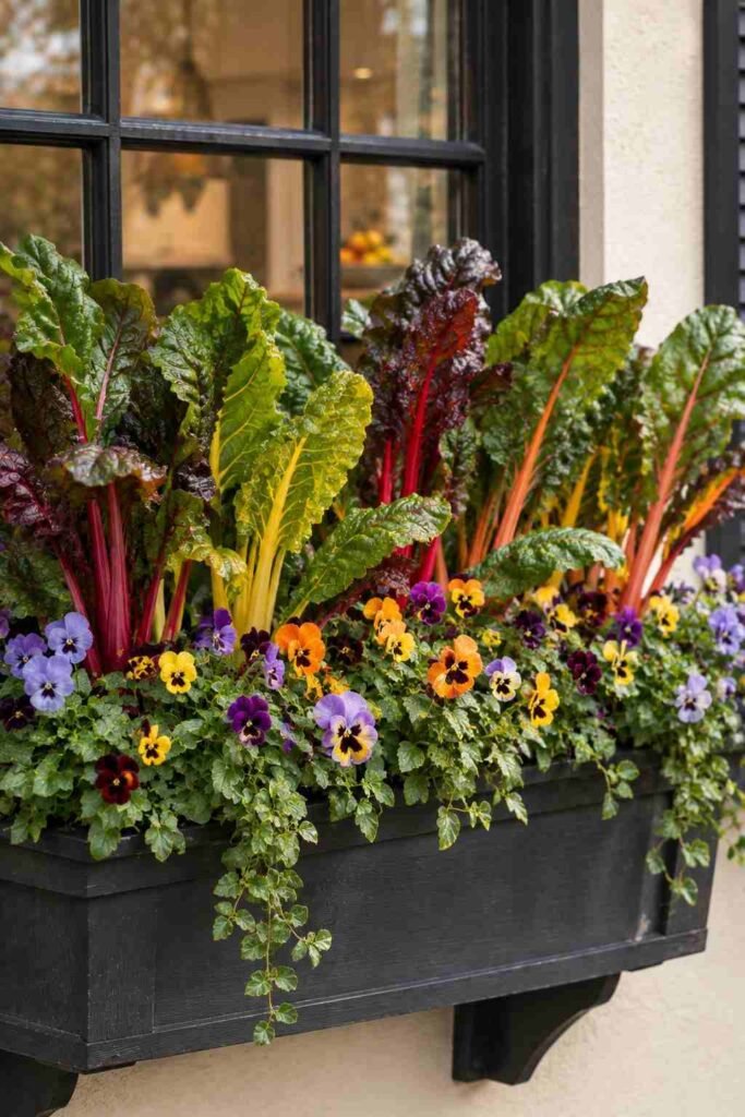 25 stylish Autumn Window Boxes: pansies, violas, heuchera to Make Your Home Glow 13 Rainbow Swiss chard with pansies in an edible fall window box