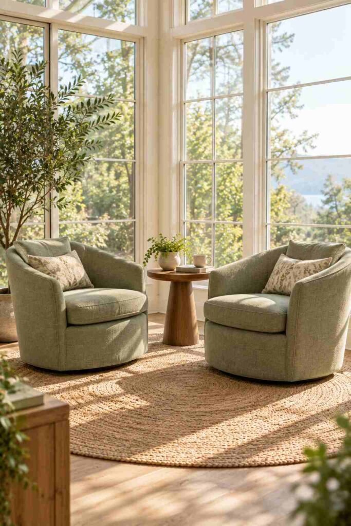 Sage green swivel accent chairs as indoor sunroom furniture