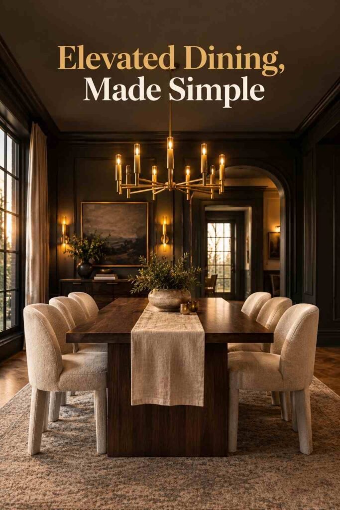 Symmetrical view of an elevated dining room with a brass chandelier and walnut table, framed by a doorway.