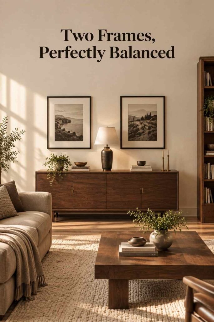 Two matching black picture frames hung symmetrically above a walnut console table with a lamp between them.