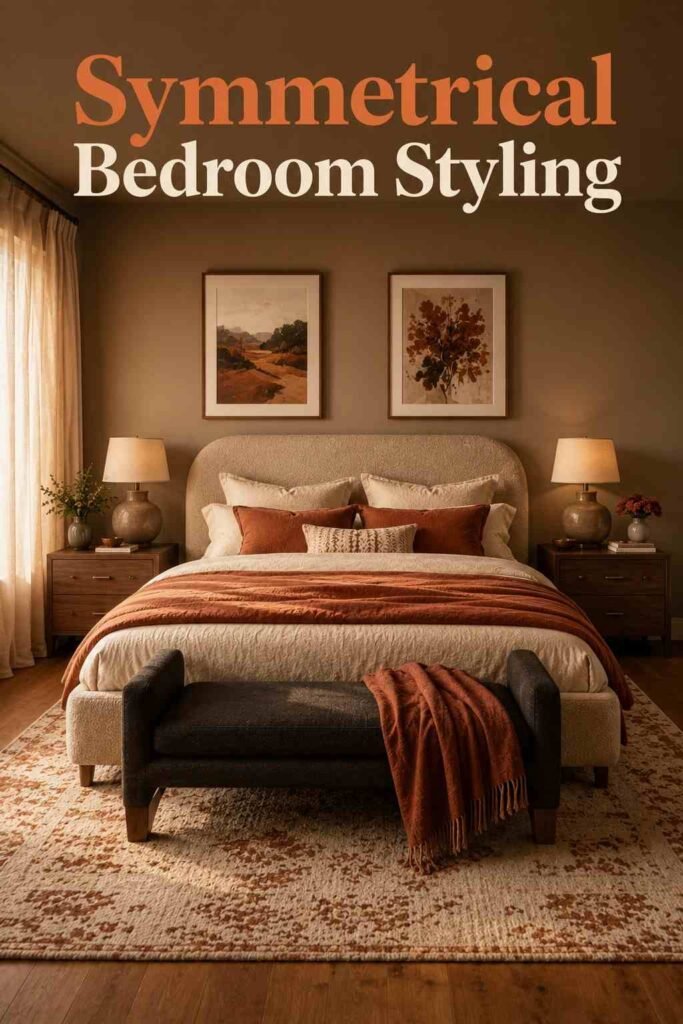 Wide symmetrical view of a bedroom with matching nightstands and a small warm-toned art gallery above a bench.