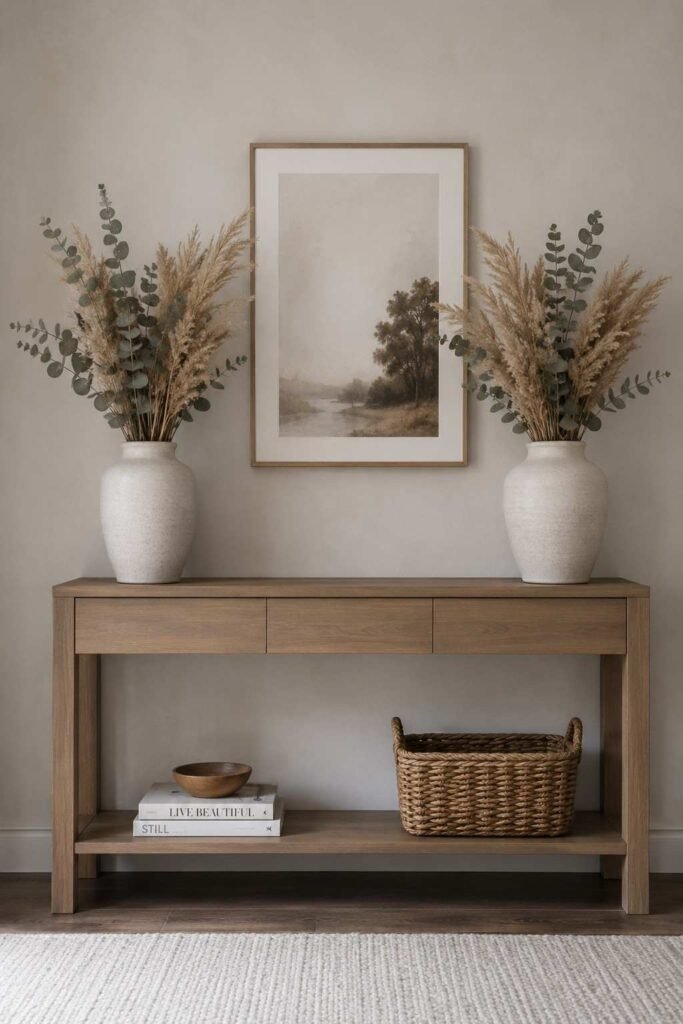 Symmetrical ceramic vase pair for cozy console table styling