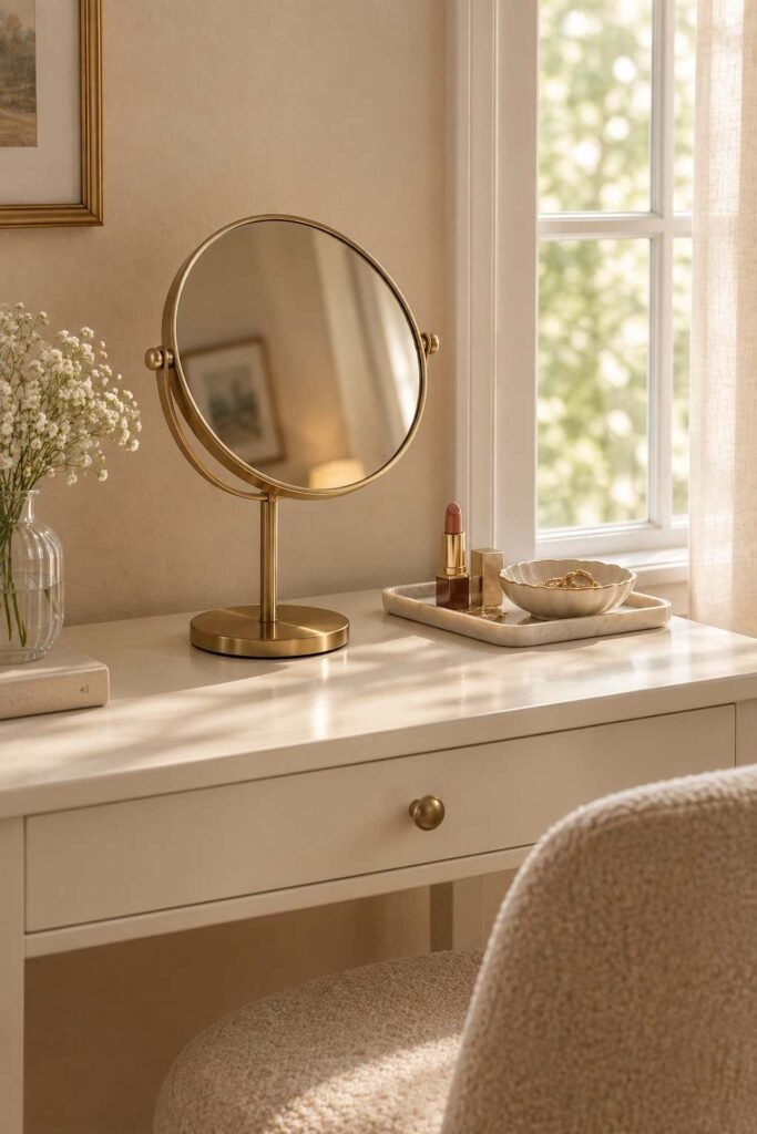 Mirror Table Decor Bedroom: 26 Stylish Ideas for Nightstands, Dressers & Vanities 14 Tilting mirror on a stand on a small bedroom vanity table