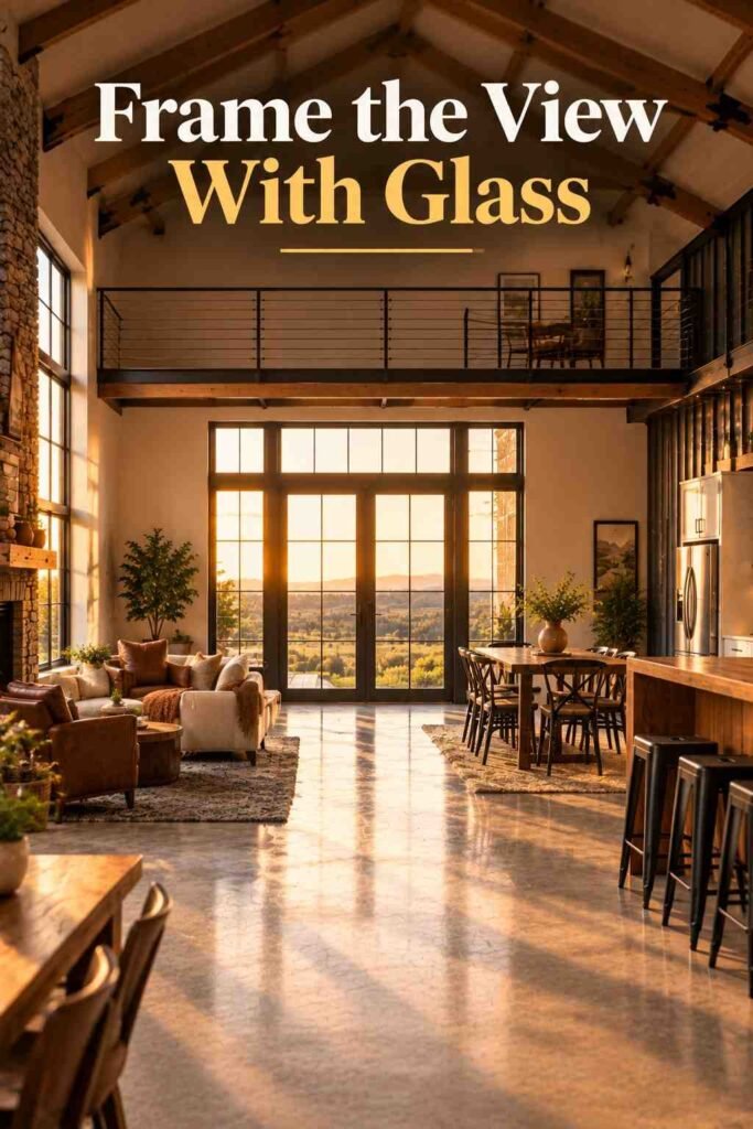 Barndominium Ideas to Inspire Your Exterior, Layout, and Interior 6 Tall black-framed glass doors at the end of a great room with a black loft railing above and golden light across the concrete floor.