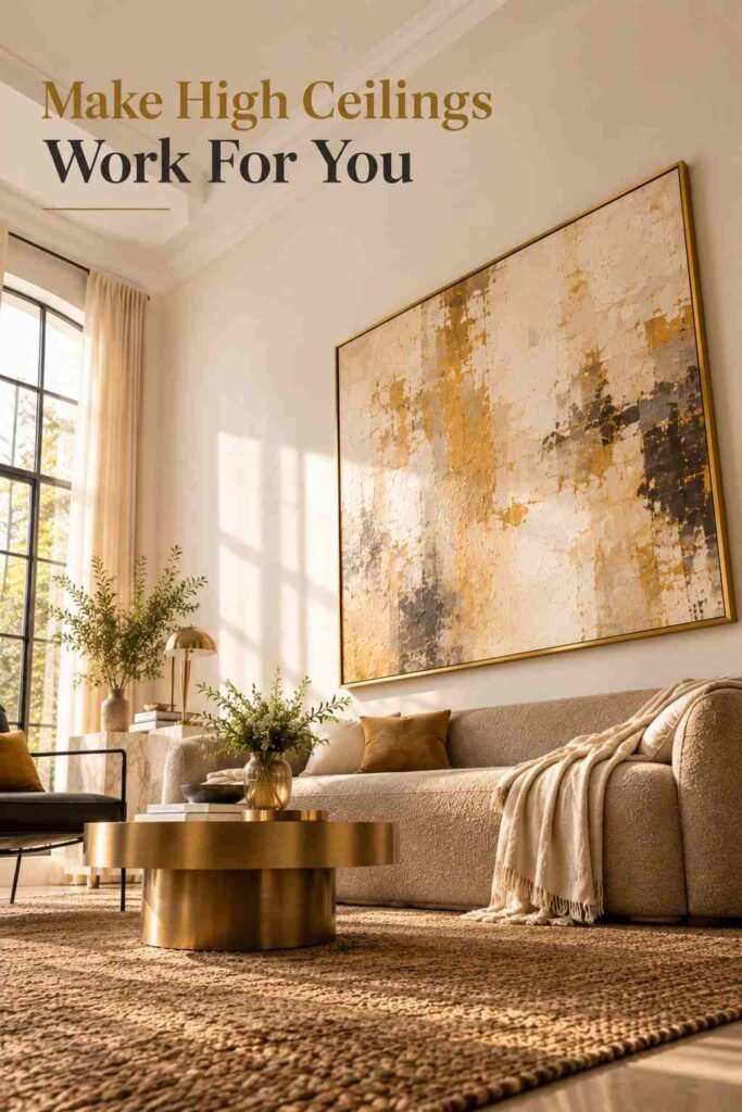 Luxury Wall Art Living Room Ideas to Transform Your Space in 2026 11 Low-angle view of an oversized canvas emphasizing the height of a living room wall.