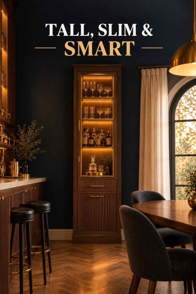 Dining Room Bar Ideas to Make Every Dinner Feel Like a Party 6 Tall, narrow walnut cabinet with a brass-framed glass door showing lit shelves of stemware and bottles, with a decanter on a small brass tray.