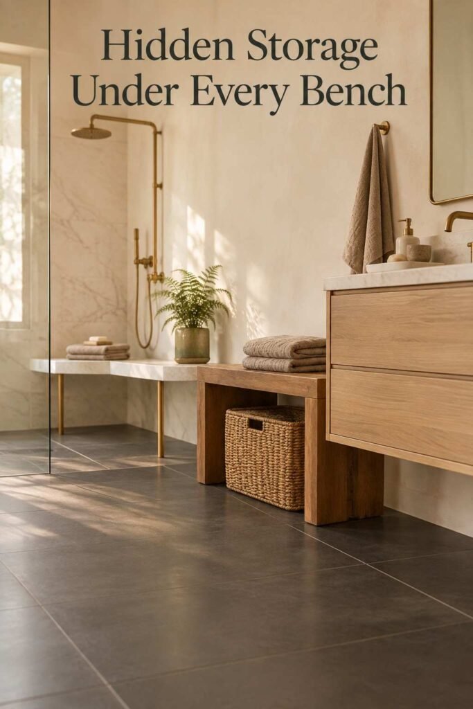 Woven rattan storage basket positioned beneath a solid teak bathroom bench.