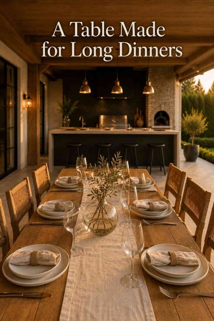 Luxury Outdoor Kitchen Ideas That Turn Your Backyard Into a Private Retreat 13 Teak dining table for six with a warm-white linen runner and an olive branch, with the stone kitchen island softly blurred behind.