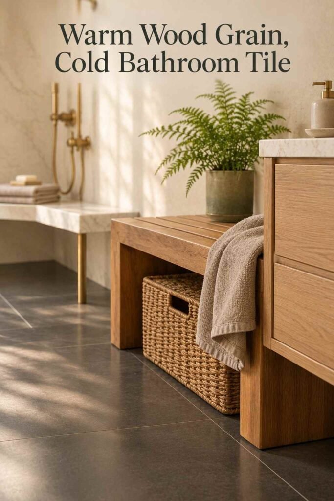 Close-up of slatted teak wood grain on a bathroom bench with a folded taupe linen towel draped over the corner.