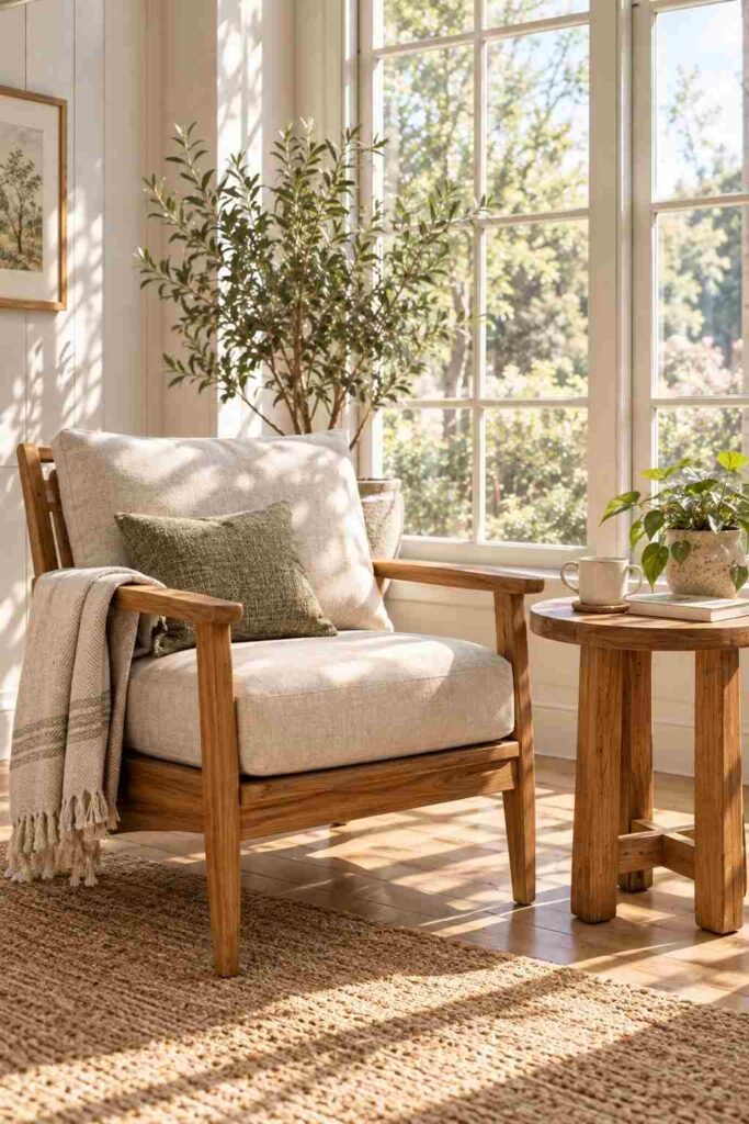 Teak wood indoor sunroom furniture chair and side table in natural light
