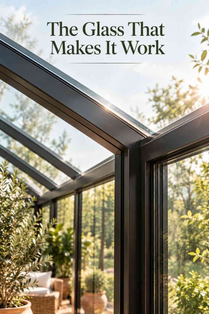 Close-up of black metal framing joining tempered glass panels at a roofline seam.