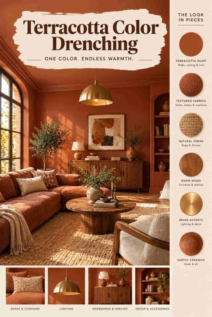 Terracotta color drenching living room with terracotta walls, ceiling, furniture, warm wood, brass lighting, and earthy decor.
