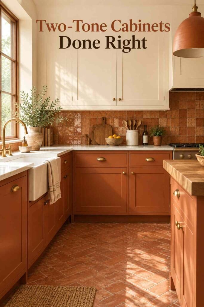 Close-up of terracotta lower kitchen cabinets paired with cream upper cabinets and brass hardware.