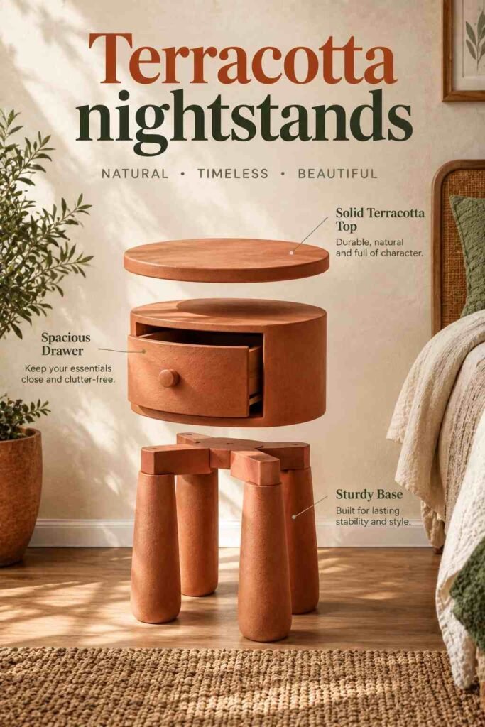 Sage Green and Terracotta Decor Ideas to Transform Every Room in Your Home 6 Exploded view of a sculptural terracotta nightstand with a round top, drawer, and sturdy base in a warm boho bedroom.