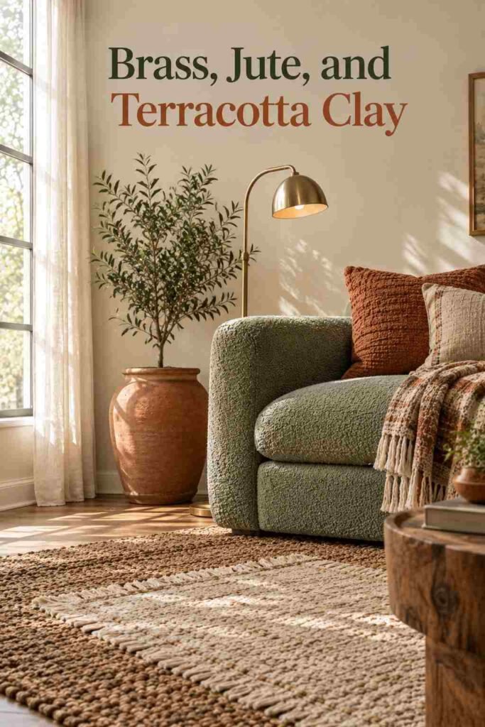 Sage Green and Terracotta Decor Ideas to Transform Every Room in Your Home 10 Low-angle view of a brass floor lamp and terracotta-potted olive tree beside a sage green sofa.