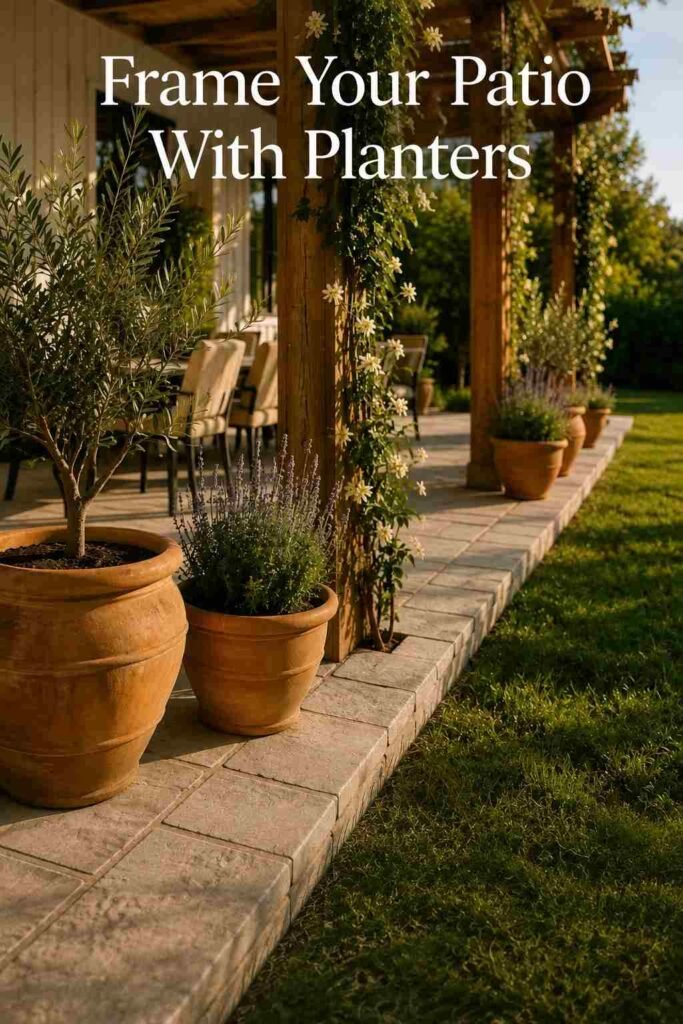 Terracotta planters holding an olive tree and lavender along the stone paver edge of a cedar pergola patio, with lawn blurred in the background.