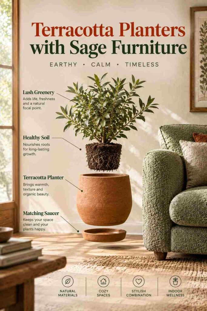 Sage Green and Terracotta Decor Ideas to Transform Every Room in Your Home 8 Exploded view of a terracotta planter with lush greenery beside a sage green bouclé sofa in a cozy living room.
