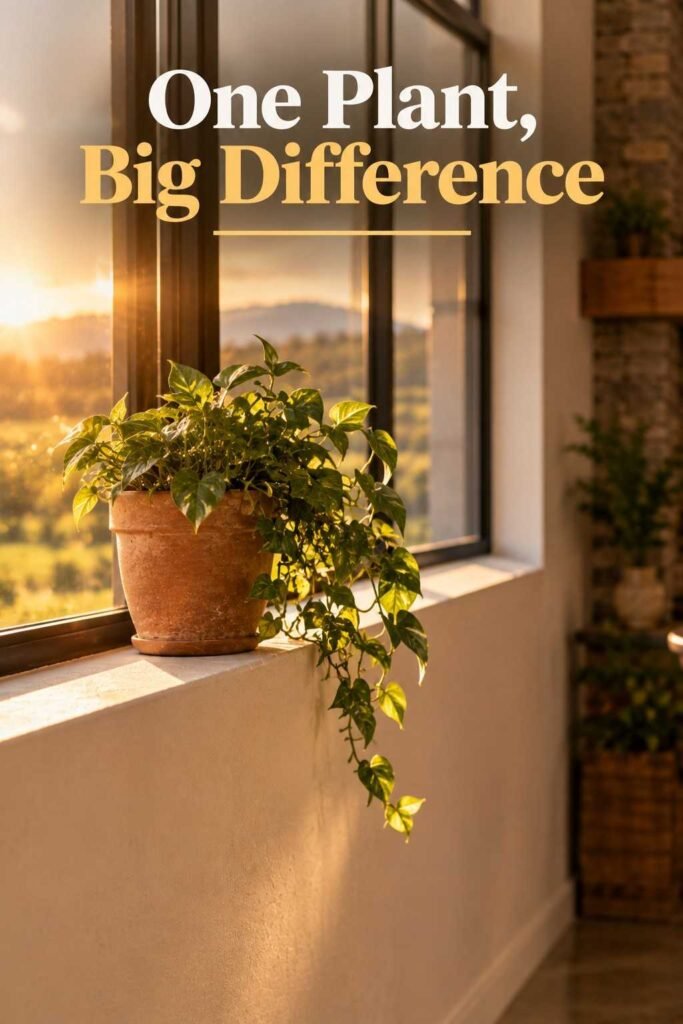 Barndominium Ideas to Inspire Your Exterior, Layout, and Interior 5 Small terracotta pot with a trailing green plant on a deep plaster window sill, backlit by golden sunlight.