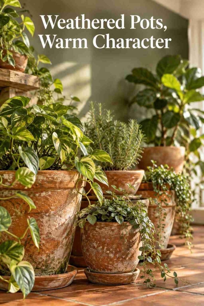 Close-up of weathered terracotta pots of varying sizes with trailing leaves spilling over the rims