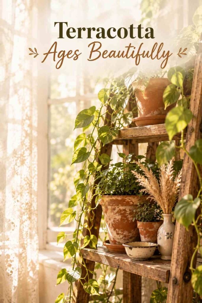 Boho Sunroom Ideas Vintage Lovers Will Adore 8 Close view of terracotta pots on a wooden ladder rung with trailing pothos and a small bud vase of dried pampas.