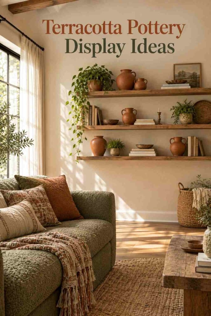 Sage Green and Terracotta Decor Ideas to Transform Every Room in Your Home 2 Open wood shelving styled with terracotta pottery against a warm cream plaster wall.