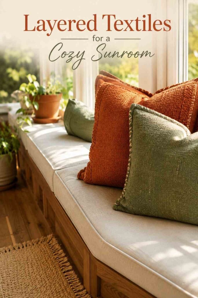 Close-up of terracotta and sage-green woven throw pillows layered on a window seat bench.