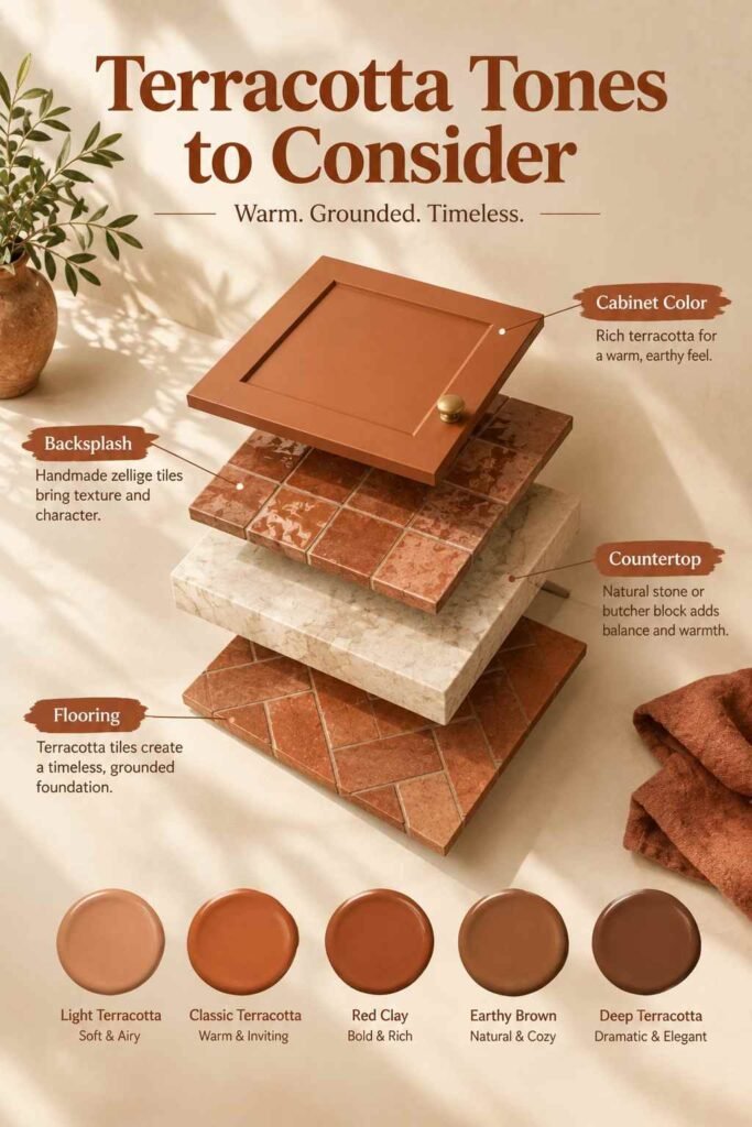 Exploded view of terracotta kitchen materials with cabinet, zellige backsplash, countertop, flooring, and warm terracotta color swatches.