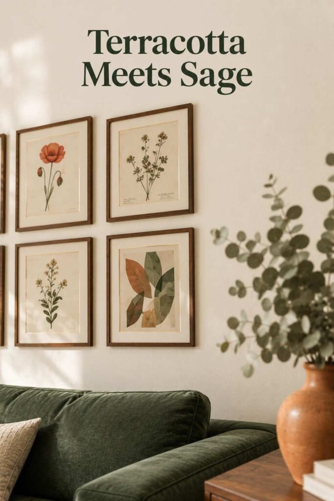 Abstract leaf print in rust and sage tones behind a blurred terracotta vase of dried eucalyptus, above a green sofa.