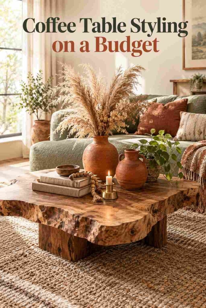Sage Green and Terracotta Decor Ideas to Transform Every Room in Your Home 5 Terracotta vases and linen books styled on a wood coffee table in front of a sage green sofa.