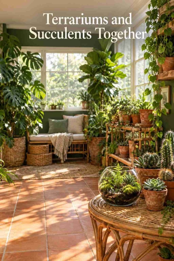 Glass terrarium with moss and ferns next to small potted succulents and cacti on a rattan side table.