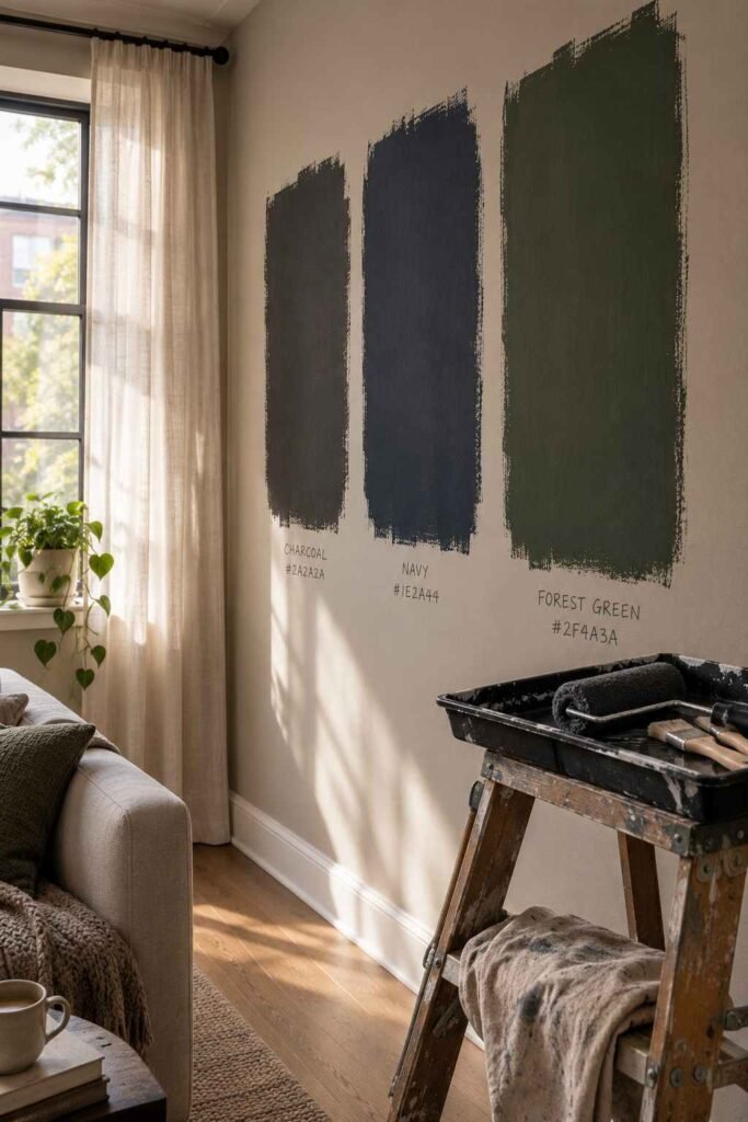 Large dark paint swatches in charcoal, navy, and green on an apartment living room wall.