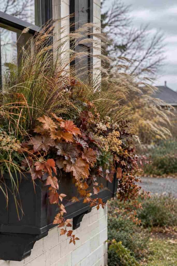 Fall Window Box Ideas to Turn Your Porch Into an Autumn Showstopper 11 Ornamental grasses and foliage in a textural fall window box.