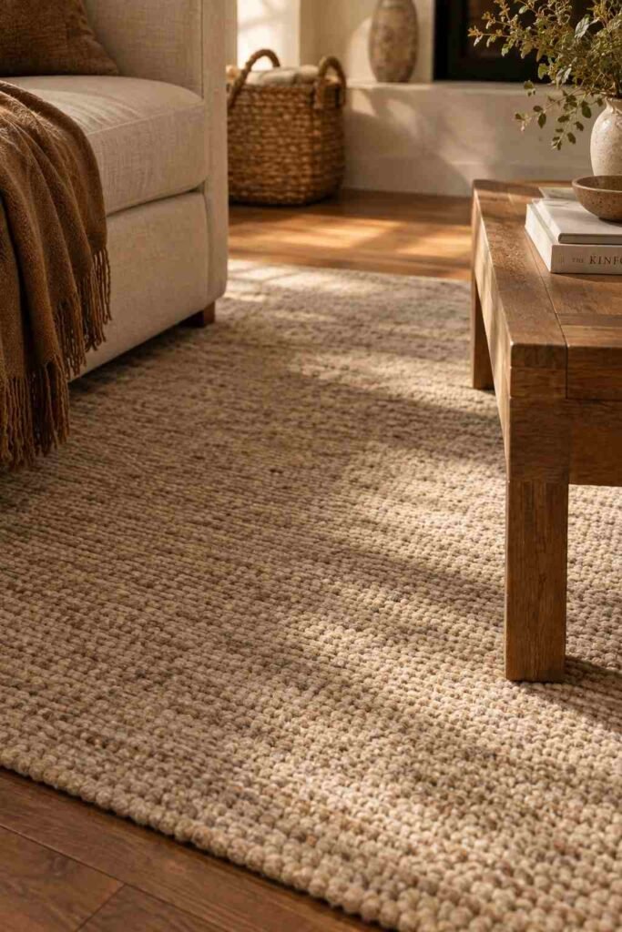 Fall Decor Indoor Ideas to Transform Your Home This Season That Actually Feel Warm 10 Textured wool area rug styled in a warm-toned living room for fall decor indoor ideas