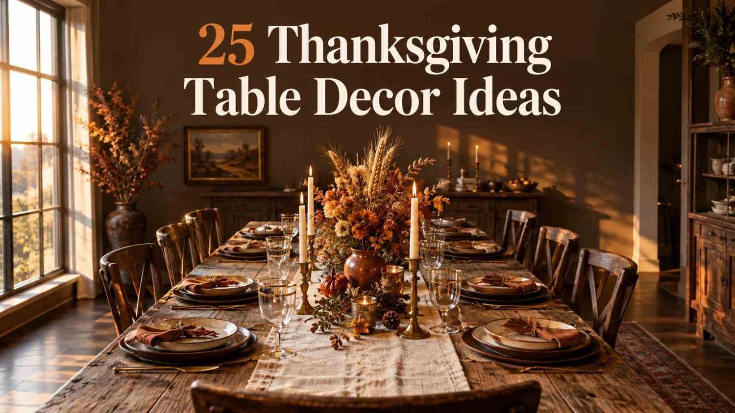 Long wood dining table set for Thanksgiving with a linen runner, dried wheat centerpiece, and brass taper candles.