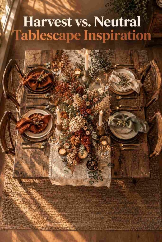 Overhead flat-lay view of a full Thanksgiving table blending harvest and neutral color tones.