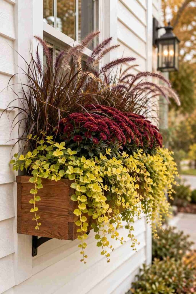 25 stylish Autumn Window Boxes: pansies, violas, heuchera to Make Your Home Glow 3 Fall window box showing tall grass, mums and trailing foliage in a layered planting design