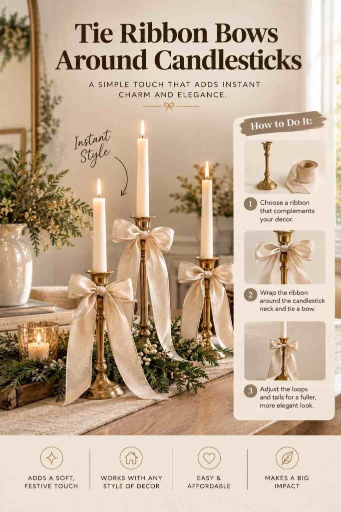Neutral Christmas Decor Ideas for a Calm, Cozy, and Elegant Holiday Home 9 Brass candlesticks decorated with elegant cream ribbon bows, surrounded by greenery and candles in a warm neutral Christmas tabletop setting.