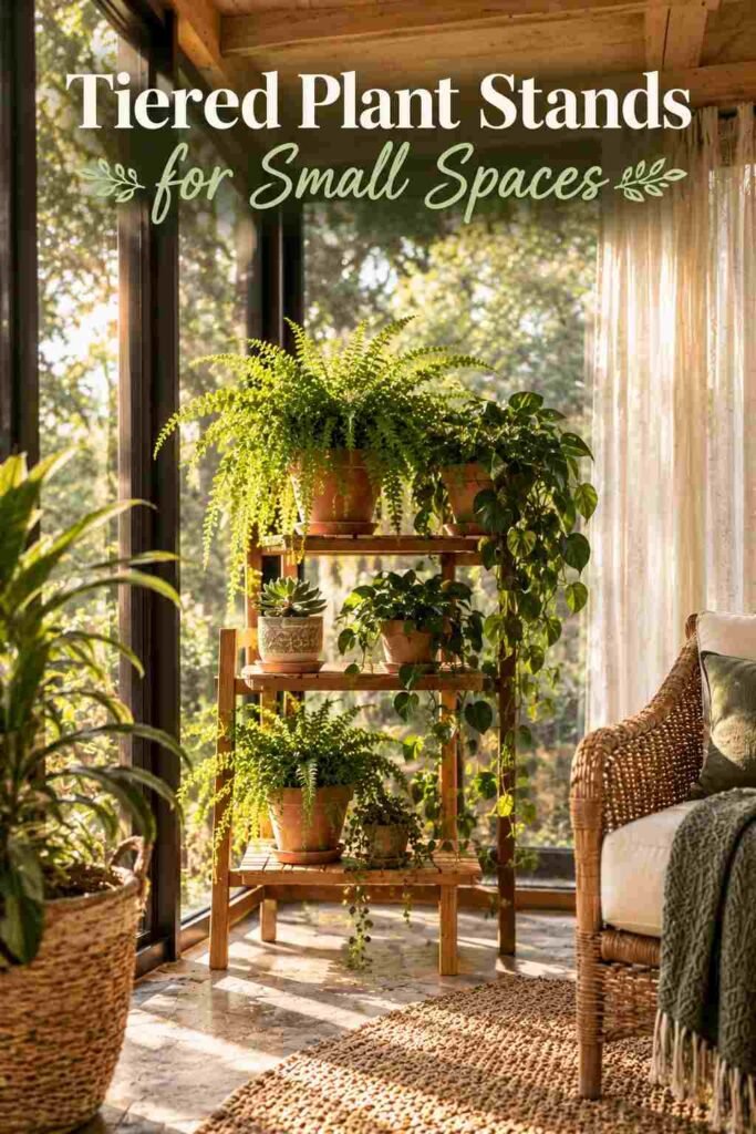 Tiered wooden plant stand holding ferns, trailing pothos, and a small succulent in a sunroom corner.