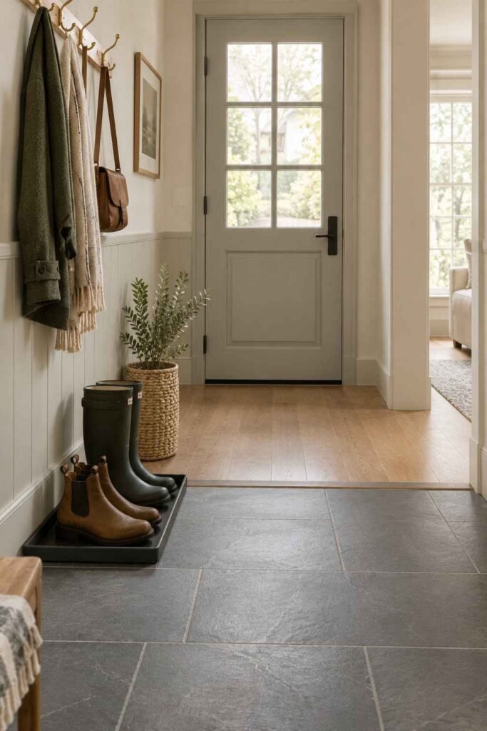 Slate tile boot zone inside a Scandinavian front door with wood flooring beyond