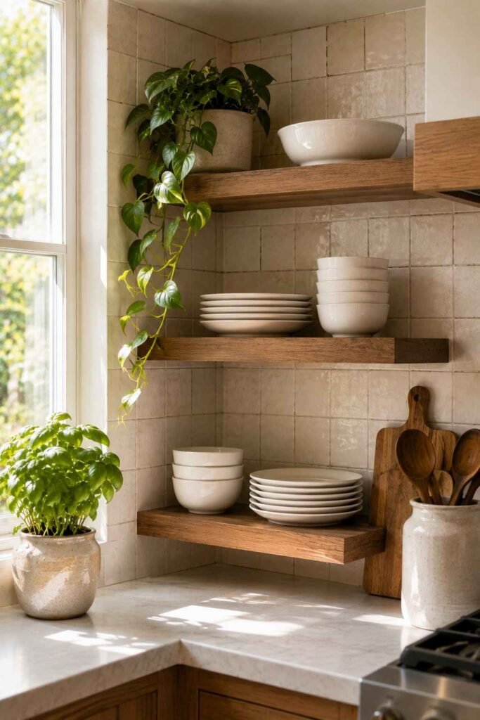 26 Kitchen Open Shelving Ideas for Corners: Styles, Sizes and Layouts 19 Corner kitchen shelves with tiled back wall, white dishes and trailing greenery