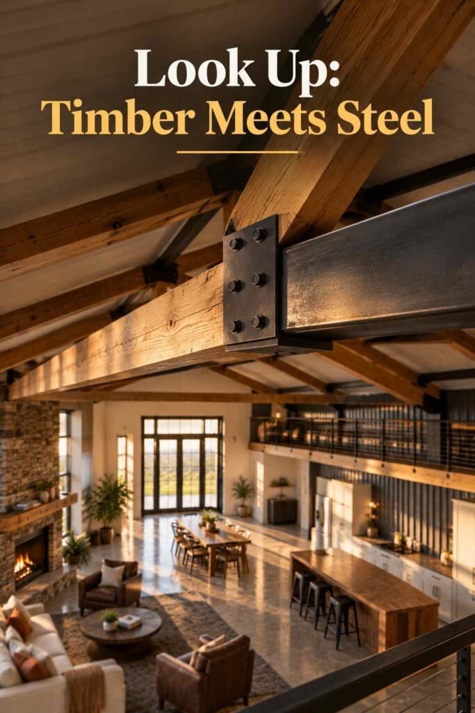 Barndominium Ideas to Inspire Your Exterior, Layout, and Interior 10 Close-up of a timber truss joint where a warm wood beam meets a charcoal steel purlin with a black steel plate and bolts.
