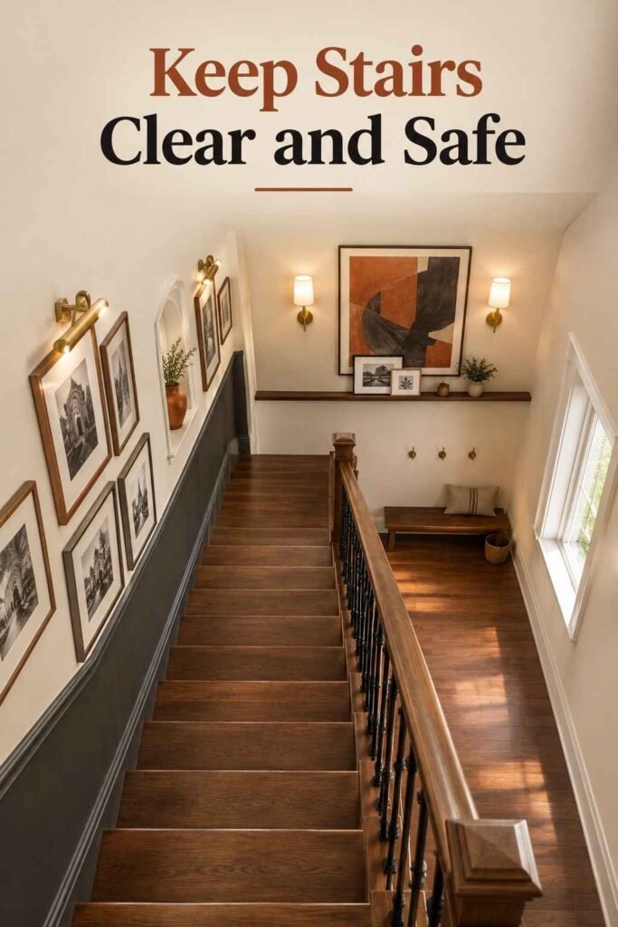 Wall-Going-Downstairs Ideas to Turn Your Staircase Into a Showpiece 4 Overhead view down a walnut staircase showing the handrail, iron balusters and shallow frames sitting flush along the wall.