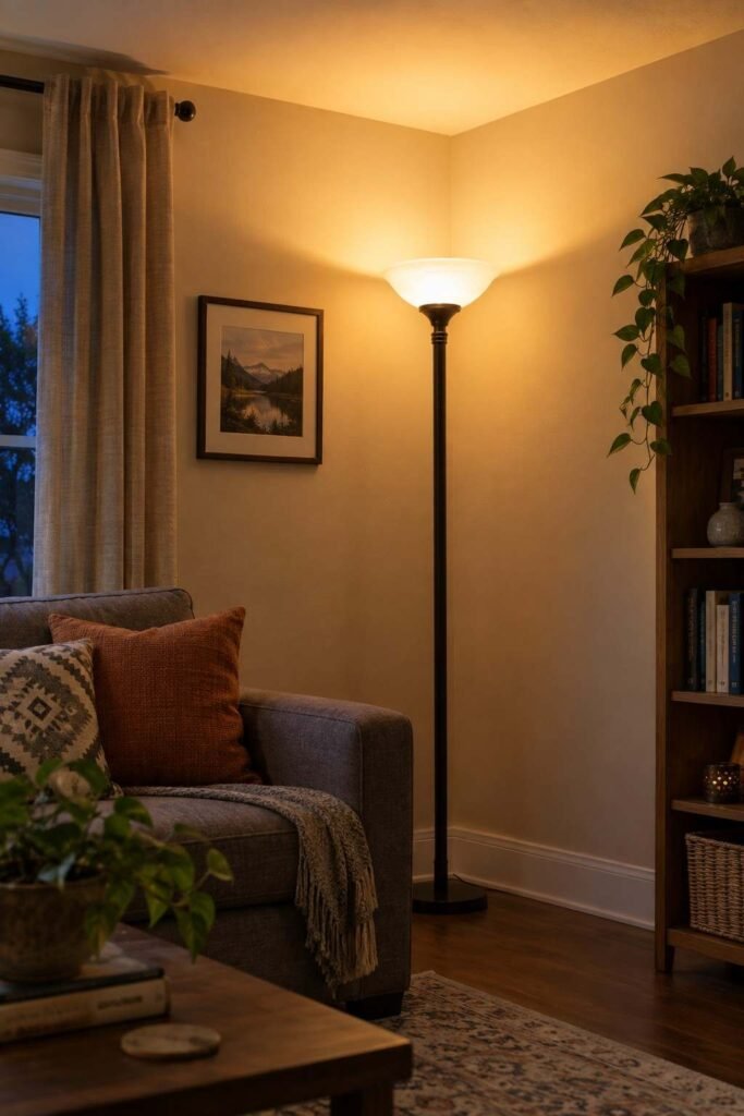 25 Dark Living Room Ideas to Brighten Your Home Without a Renovation 9 Torchiere floor lamp washing ceiling and walls with light in a dark living room